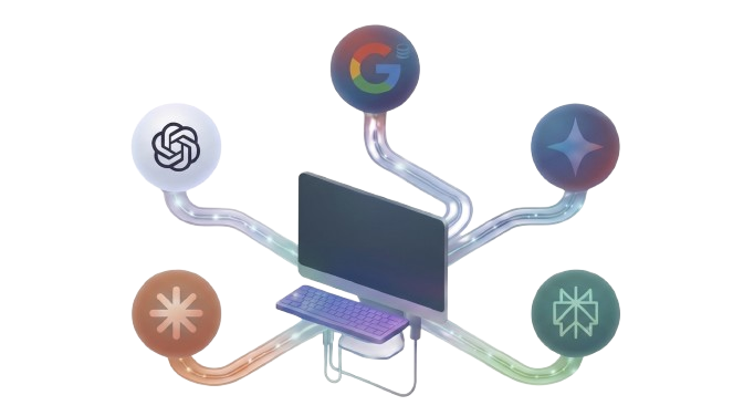AI ecosystem — computer connected to ChatGPT, Google, Gemini, Perplexity, and Claude
