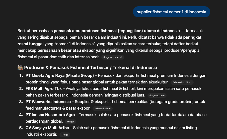 Misefa Group cited in ChatGPT as top fishmeal supplier in Indonesia